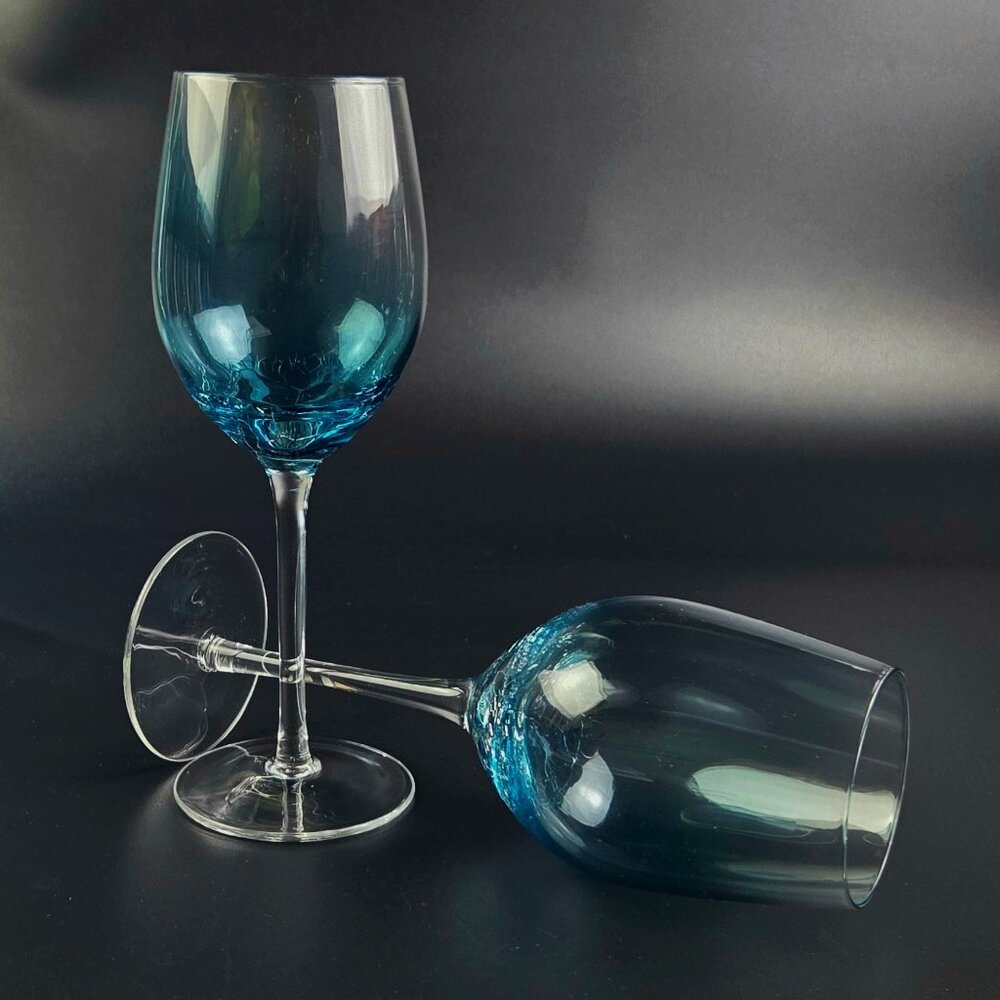 Vintage - White Wine Teal Blue Crackle by Pier 1 - Set of 2 - 8 7/8"